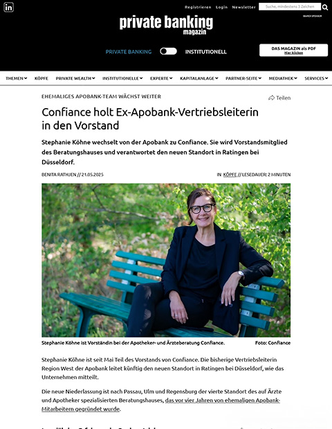 Stephanie Köhne wechselt von der Apobank zu Confiance - Artikel über den Wechsel zur Confiance AG von der Apobank-Vertriebsleitung - Private Banking Magazin Mai 2025